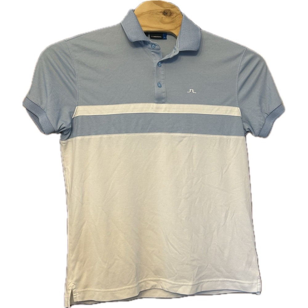 J. Lindeberg Shirt Men Size L* Slim Fit Blue Colorblock Short Sleeve‎ Golf Polo